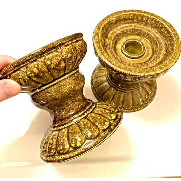 VTG Mid Century Candle Holder Pair Taper Pillar Pottery Ceramic Mottled Green - Picture 4 of 9